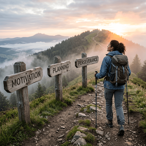 Hiker on mountain trail beside signs reading Motivation, Planning, and Perseverance