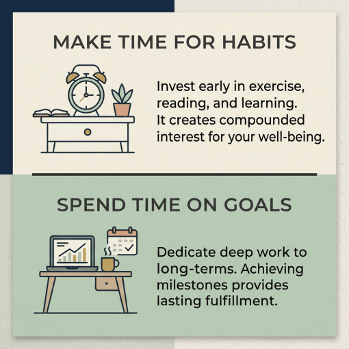 Graphic reading “MAKE TIME FOR HABITS” and “SPEND TIME ON GOALS,” with habit and goal illustrations